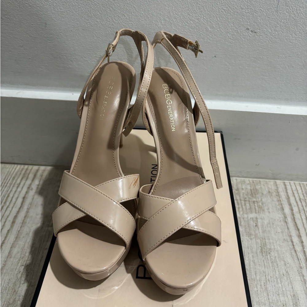 BCBGeneration Women's Nude Strappy Heels with platform so comfortable!